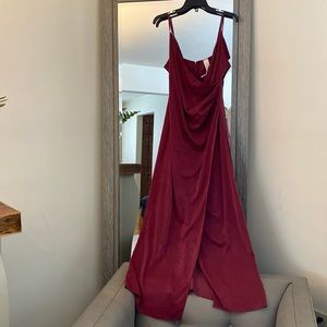 Coco Avante, size L, floor length ruby gown, wrap rouched front, high slit, NWT!